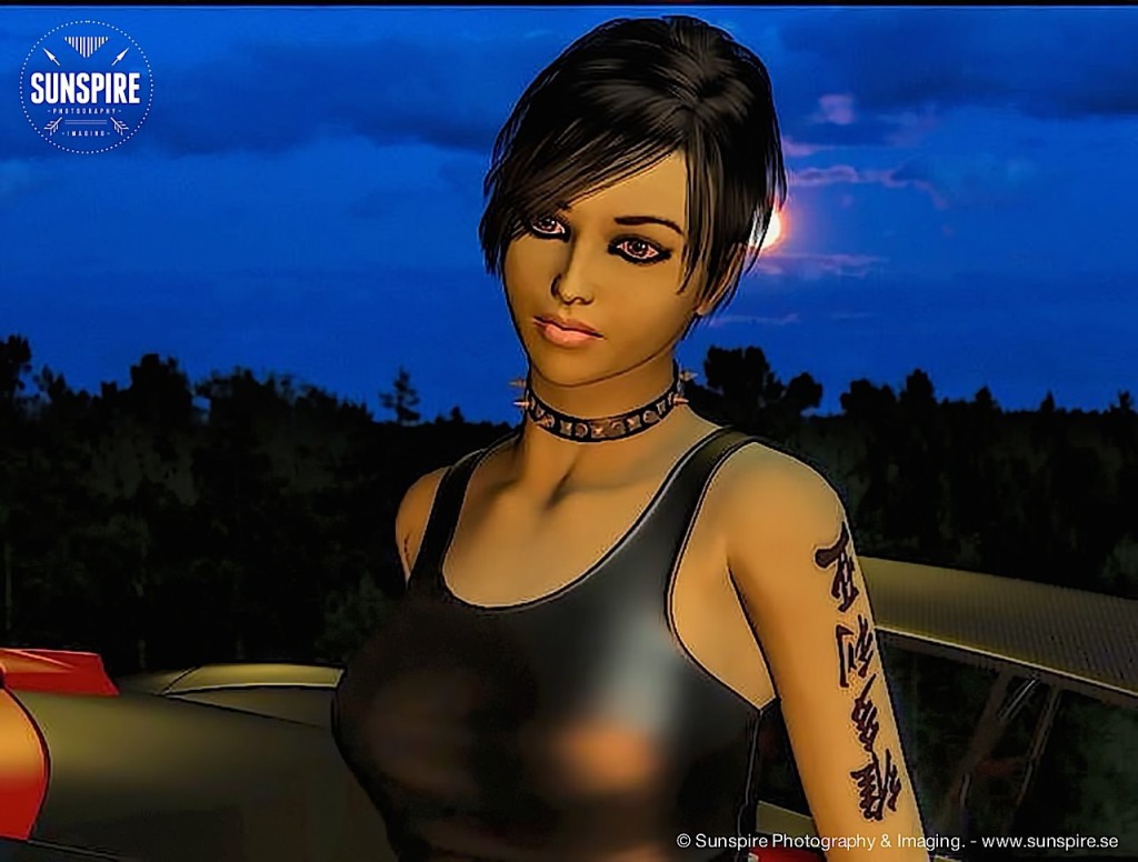 Anastasiya, with a photo background. Rendered in Carrara Pro.