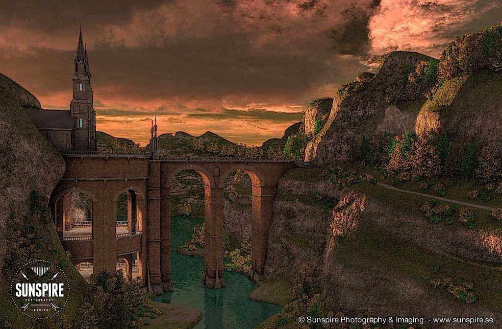 A bridge over the canyon.... Nightfall. Rendered in Carrara Pro.