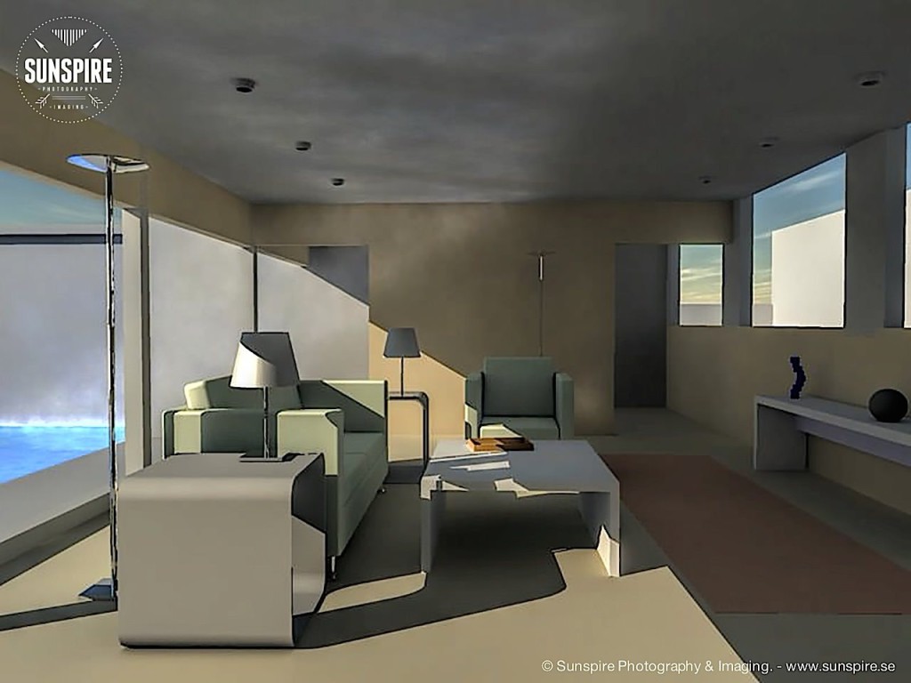 Example of a architectural view of a house interior w. pool. Rendered in Carrara Pro.